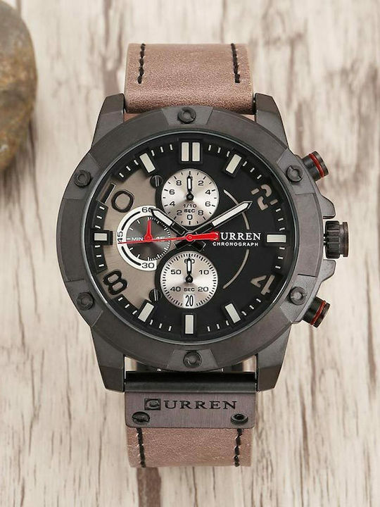 Curren Ανδρικό Ρολόι 48mm Χρονογράφος Μπαταρίας με Μπεζ Δερμάτινο Λουράκι