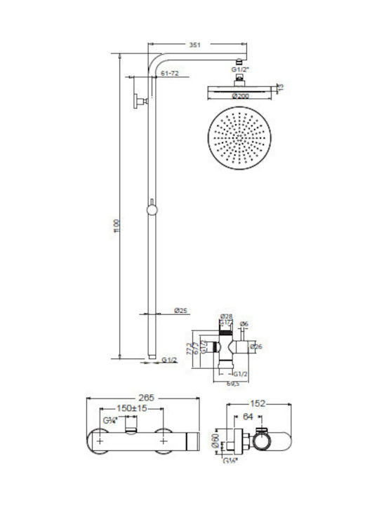 Armando Vicario Industrial Shower Column with Bathtub Mixer 117cm Silver