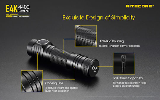 NiteCore Wiederaufladbar Taschenlampe LED IP68 mit maximaler Helligkeit 4400lm E4K Schwarz