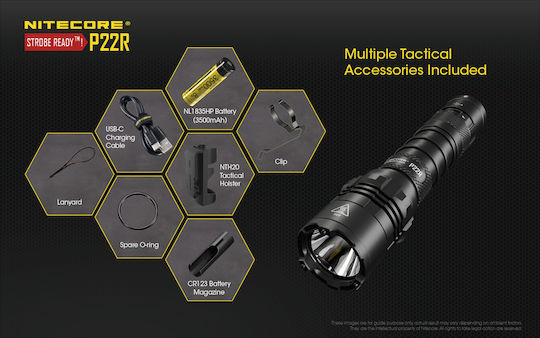 NiteCore Wiederaufladbar Taschenlampe LED IP68 mit maximaler Helligkeit 1800lm P22R 2x CR123 Schwarz