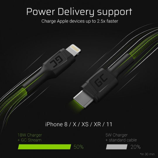 Green Cell Плетена USB-C към Lightning кабел 87W Черен 1м (KABGC07)