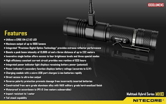 NiteCore Rechargeable Flashlight LED IPX8 with Maximum Brightness 1000lm MH10 2 x CR123A Black