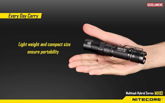 NiteCore Rechargeable Flashlight LED IPX8 with Maximum Brightness 1000lm MH10 2 x CR123A Black
