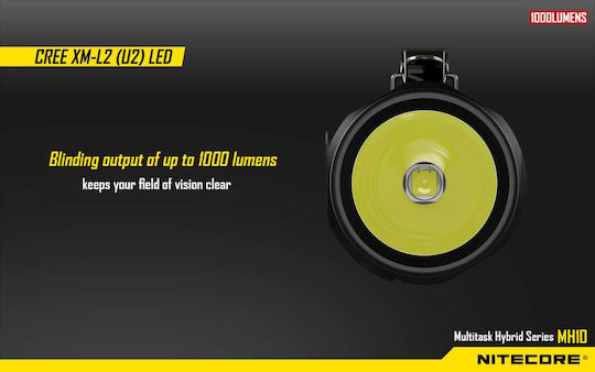 NiteCore Rechargeable Flashlight LED IPX8 with Maximum Brightness 1000lm MH10 2 x CR123A Black