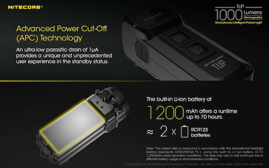 NiteCore Rechargeable Keychain Flashlight LED IP54 with Maximum Brightness 1000lm Tup Embedded Gray