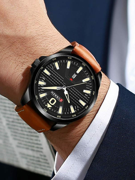 Curren Ανδρικό Ρολόι 47mm Μπαταρίας με Δερμάτινο Λουράκι Black/Tabac