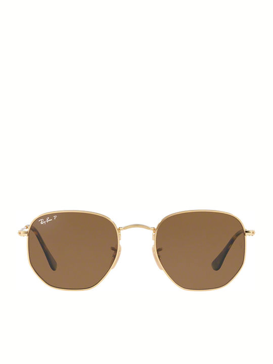 Ray Ban Hexagonal Unisex Sunglasses with Gold Metal Frame and Brown Polarized Lens RB3548N 001/57