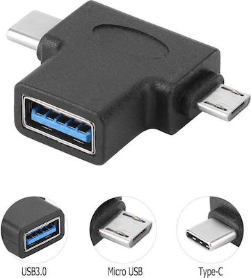Powertech Konverter USB-A weiblich zu USB-C / Micro-USB männlich Schwarz (CAB-U117)