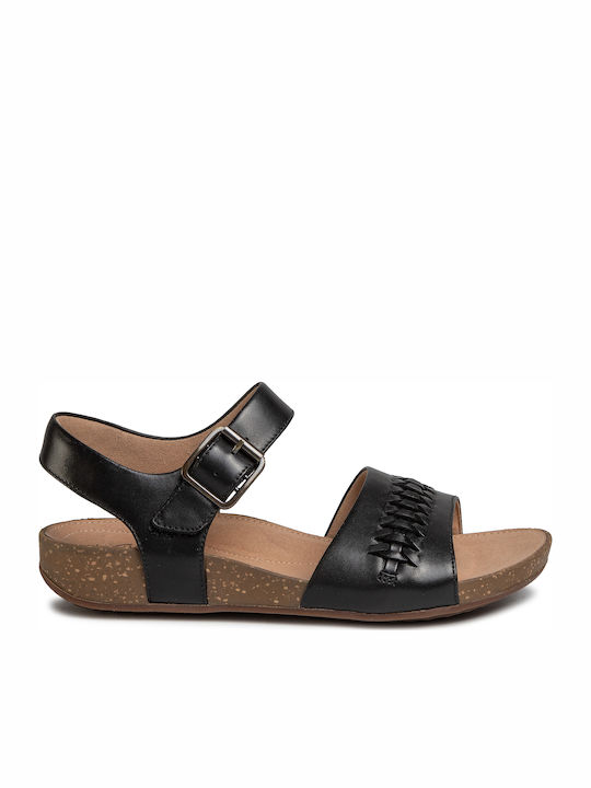 Clarks Un Perri Way Leather Women's Flat Sandals with Strap in Black Color