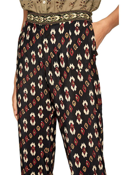 Kelly Women's High-waisted Fabric Capri Trousers with Elastic Straight Line Black