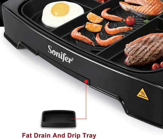 Sonifer Tabletop Electric Grill Smooth and Ribbed Plate 1500W with Adjustable Thermostat 42cmx41cmcm