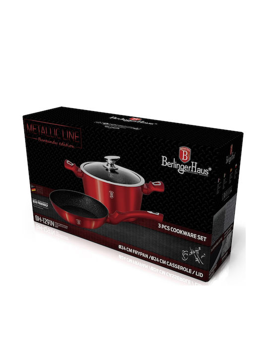 Berlinger Haus Metallic Line Cookware Set of Aluminum with Stone Coating Burgundy Collection 3pcs