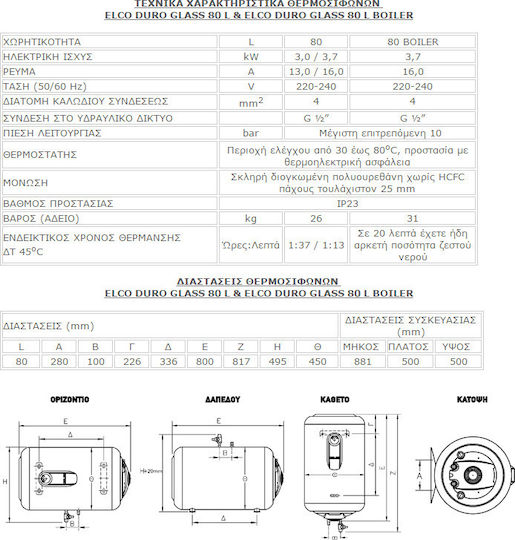 Elco Duro Glass Θερμοσίφωνας 80lt Glass Κάθετος 3kW
