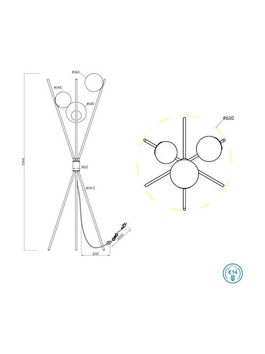 Trio Lighting Lance Stehleuchte H156xB60cm. mit Fassung für Lampe E14 Mehrfarbig