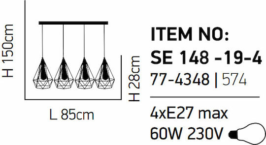 Home Lighting Mila Adjustable Ceiling Light Black Rail for 4 E27 Bulbs 85x17x150cm