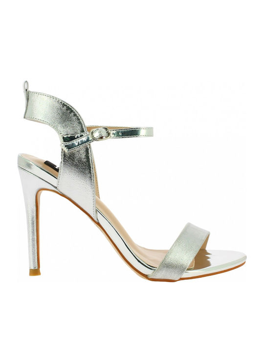 IQ Shoes Women's Sandals SQ-93 with Ankle Strap Silver with Thin High Heel