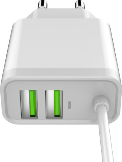 Ldnio Φορτιστής με 2 Θύρες USB-A και Καλώδιο Lightning 15.5W Λευκός (A321)