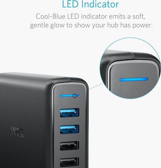 Anker Suport de Încărcare cu 5 Porturi USB-A 63W Quick Charge 3.0 în culoarea Negru (A2054311)