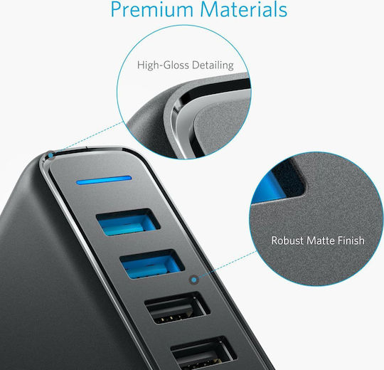 Anker Suport de Încărcare cu 5 Porturi USB-A 63W Quick Charge 3.0 în culoarea Negru (A2054311)