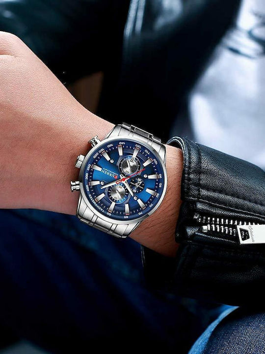 Curren Men's Watch 47mm Chronograph Battery with Metal Bracelet Navy/Silver