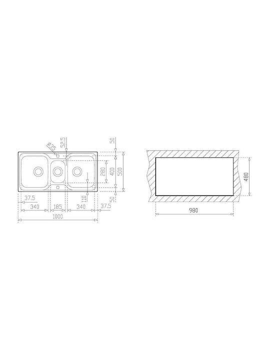 Teka Super Bowl 2 1/2C 10119080 Drop-In Sink Inox Satin W100xD50cm Silver