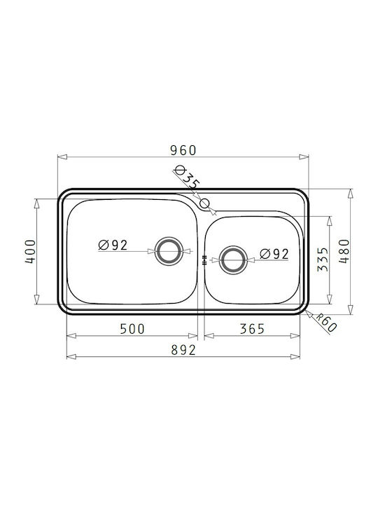 Pyramis Space Plus 2B Ένθετος Νεροχύτης Αριστερός Inox Σατινέ Μ96xΠ48cm Ασημί