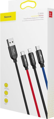 Baseus Three Primary Colors 3-in-1 Geflochten USB zu Blitzschlag / Typ-C / Micro-USB Kabel 3A Schwarz 1.2m (CAMLT-BSY01)