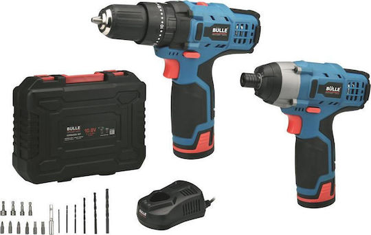 Bulle 63479 Set Impact Drill Driver & Impact Screwdriver 10.8V with 2 Batteries 2Ah and Case with 6 wood drills & 6 screwdrivers & 1 general purpose drill bit & 1 general purpose carrier