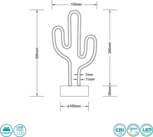 Trio Lighting Neon Διακοσμητικό Φωτιστικό Cactus LED Κάκτος 15x10x29εκ.