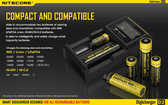 NiteCore D2 Charger 2 Batteries Li-ion/Ni-Cd/Ni-MH Size AA/AAA/18650/16340/26650/14500