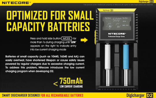 NiteCore D2 Charger 2 Batteries Li-ion/Ni-Cd/Ni-MH Size AA/AAA/18650/16340/26650/14500