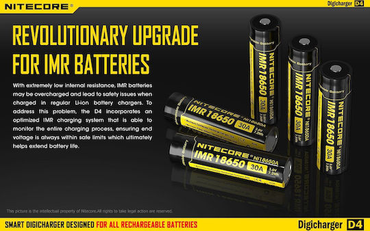 NiteCore D4 Φορτιστής 4 Μπαταριών Ni-MH/Ni-Cd/Li-ion Μεγέθους AA/AAA/18650