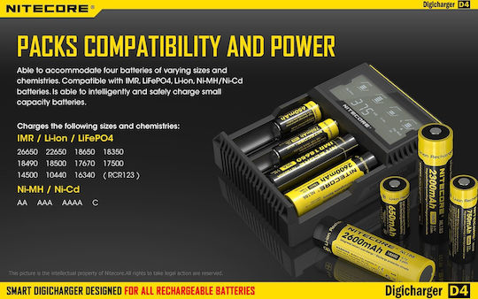 NiteCore D4 Φορτιστής 4 Μπαταριών Ni-MH/Ni-Cd/Li-ion Μεγέθους AA/AAA/18650