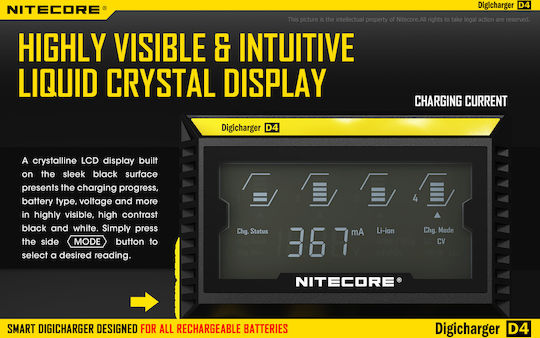 NiteCore D4 Φορτιστής 4 Μπαταριών Ni-MH/Ni-Cd/Li-ion Μεγέθους AA/AAA/18650