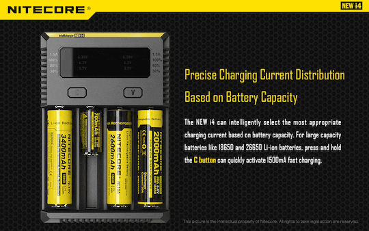 NiteCore IntelliCharger New i4 4 Batteries Ni-MH/Li-ion Size AA/AAA/D/18650/21700/16340/26650/14500