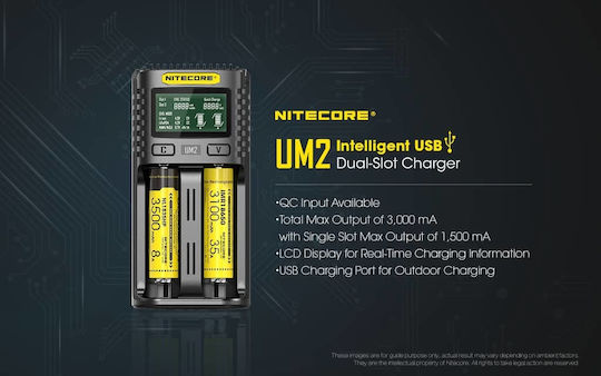 NiteCore UM2 USB Charger 2 Batteries Li-ion/Ni-Cd/Ni-MH Size AA/AAA/D/18650/16340/26650/14500