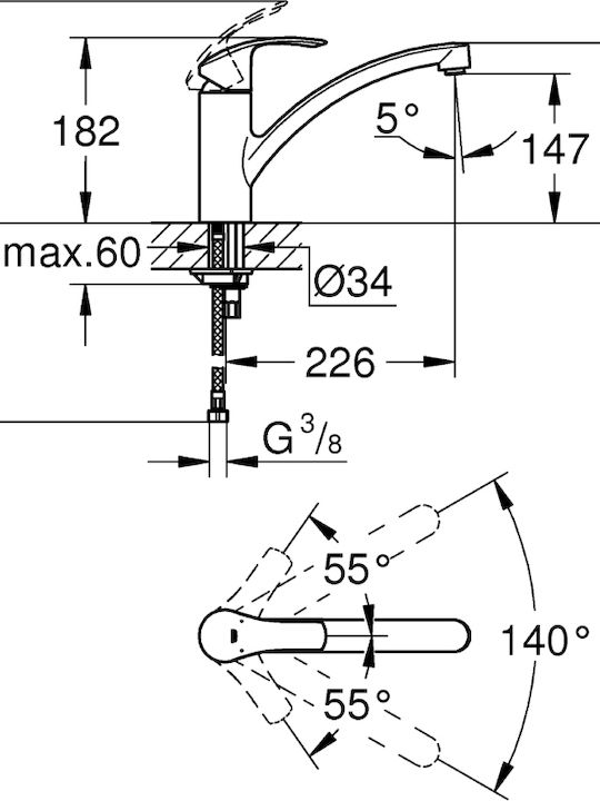 Grohe Eurosmart Μπαταρία Κουζίνας Πάγκου Ασημί