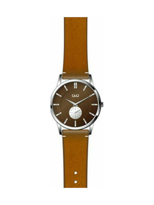 Q&Q Watch Battery with Brown Leather Strap QA60J803