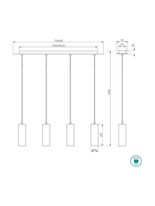 Trio Lighting Marley Pendant Light Black Rail for 4 Bulbs GU10 75x9cm