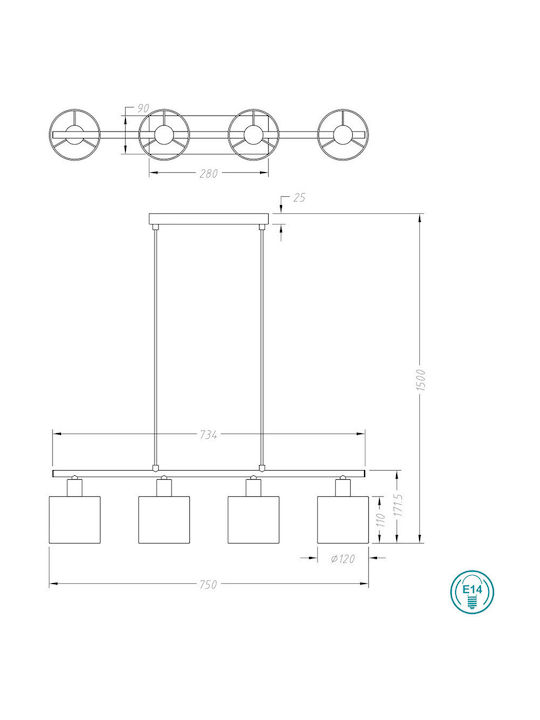 Trio Lighting Tommy Κρεμαστό Φωτιστικό Λευκό Ράγα για 4 Λαμπτήρες E14 75εκ.