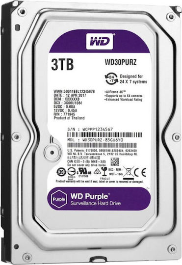 Western Digital Purple 3TB HDD Σκληρός Δίσκος 3.5" SATA III 5400rpm με 64MB Cache για Καταγραφικό WD30PURZ