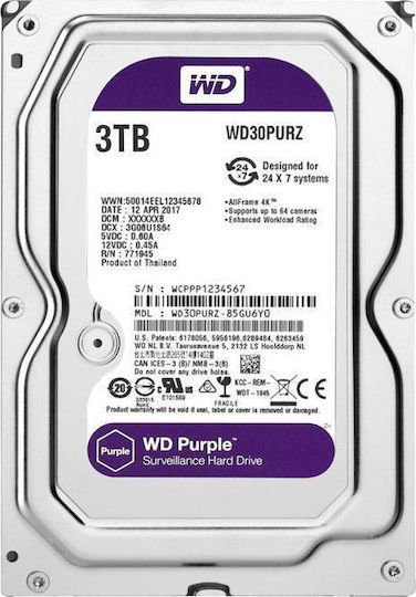 Western Digital Purple 3TB HDD Σκληρός Δίσκος 3.5" SATA III 5400rpm με 64MB Cache για Καταγραφικό WD30PURZ