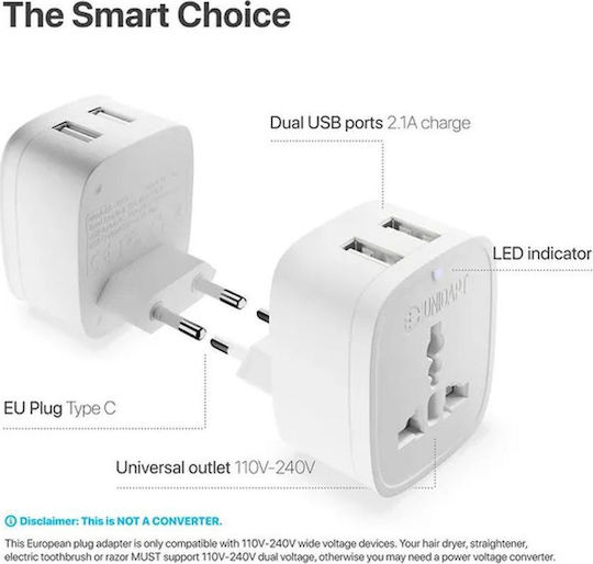 Unidapt A-2035 Αντάπτορας Πρίζας σε Ελλάδας με 2 Θύρες USB