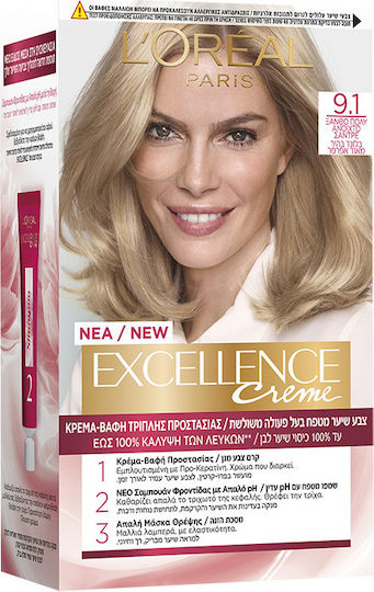 L'Oreal Paris Excellence Creme Βαφή Μαλλιών 9.1 Ξανθό Πολύ Ανοιχτό Σαντρέ 48ml