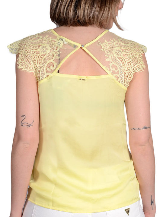 Guess Дамска Блуза Без ръкави с V Обло Деколте Жълт