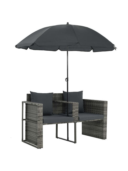 Шезлонг Двойна Ратан с Възглавница & Чадър Сив 2бр 130x58x77см.