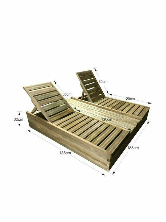 Deckchair Double Wooden Brown with Table 188x188x32cm.