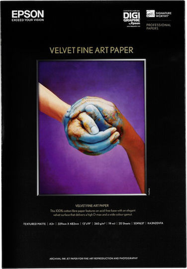 Epson Velvet Fine Art Paper Photo Paper Matte A3+ 260gr/m² for Printers Inkjet 20 Sheets