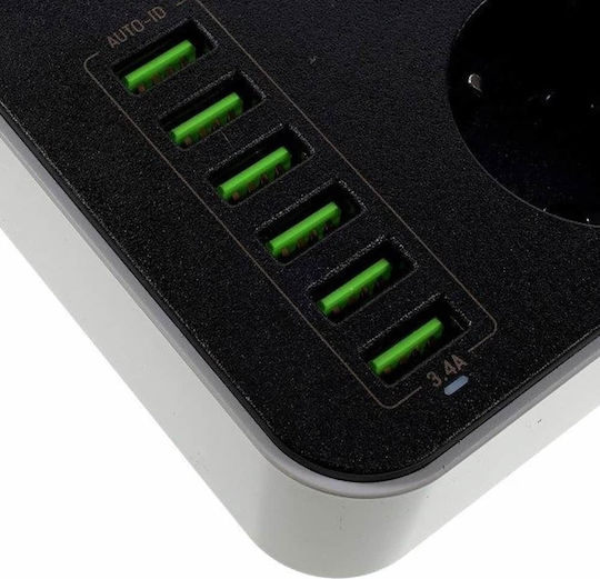 Fineblue F-I900 Power Strip with Surge Protection 3 Positions with 6 USB-A, Switch and Cable 1.6m