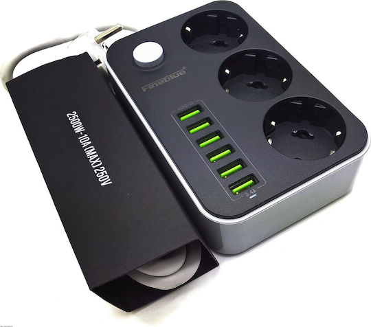 Fineblue F-I900 Power Strip with Surge Protection 3 Positions with 6 USB-A, Switch and Cable 1.6m